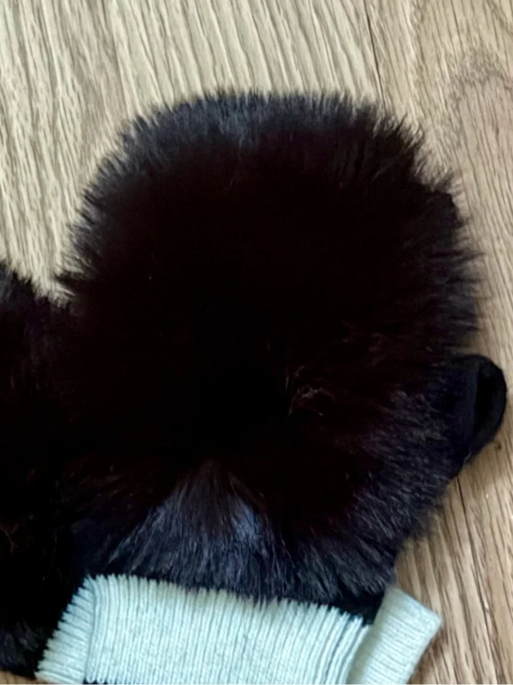 Black Faux Fur Fingerless Mittens with Cream & Black Striped Cuffs